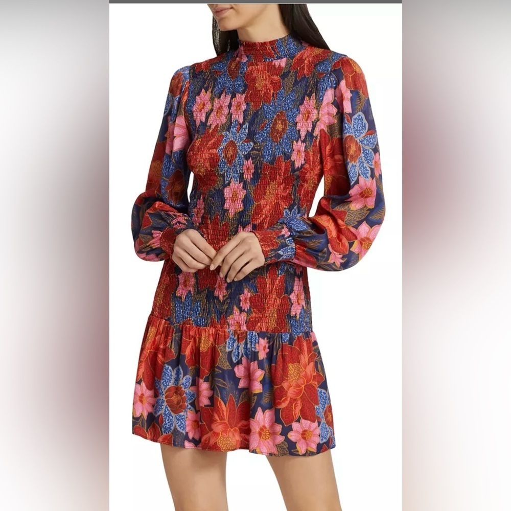 Farm Rio Garden Navy Smocked Mini Dress